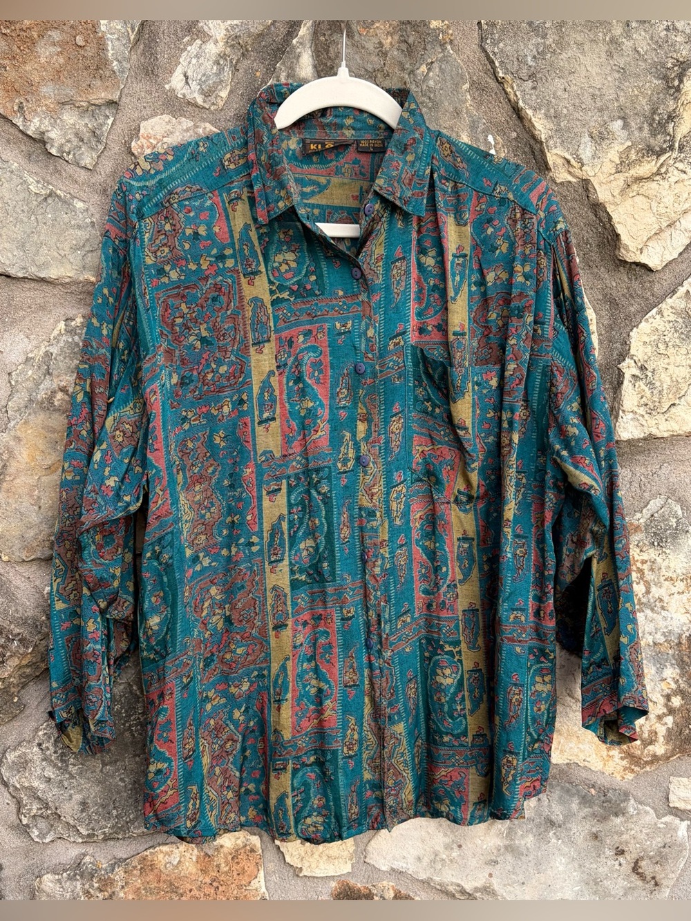 Vtg KLOZ by Cotton Breeze Boho Eclectic Geo Print Blouse Top sz LARGE